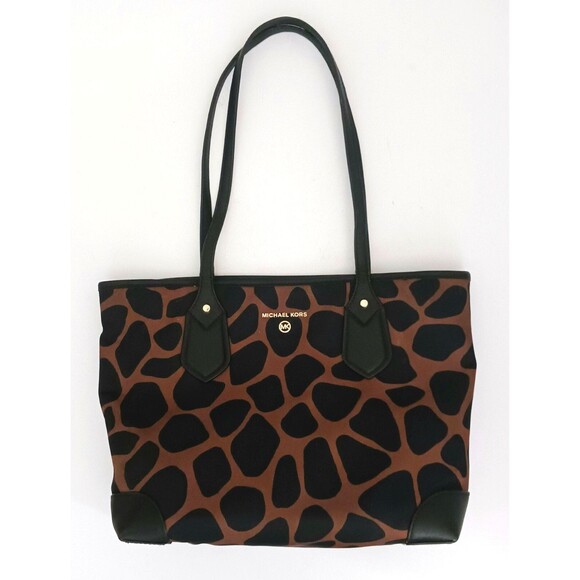 Michael Kors Eva Tote Brown Black Animal Print Nylon Blk Leather Trim - Picture 11 of 11